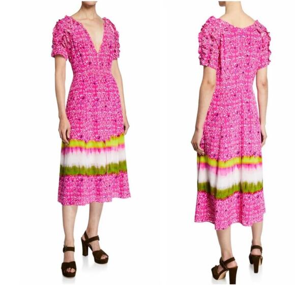 Tanya Taylor Women's Pink Silk Luciana Print Ruffle Midi Dress Size 8 - Picture 1 of 10